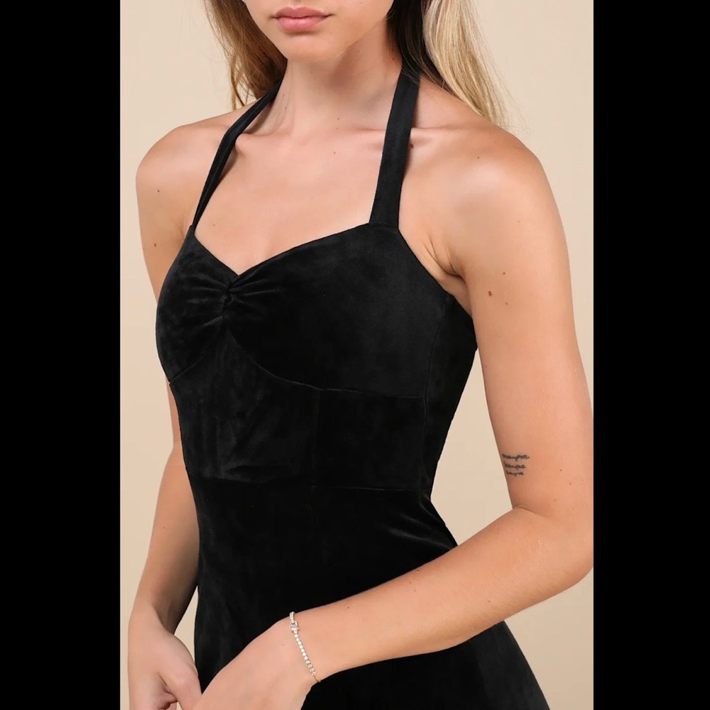 NWT LULUS Luxurious Statement Black Velour Halter Mermaid Maxi Dress - Picture 4 of 4